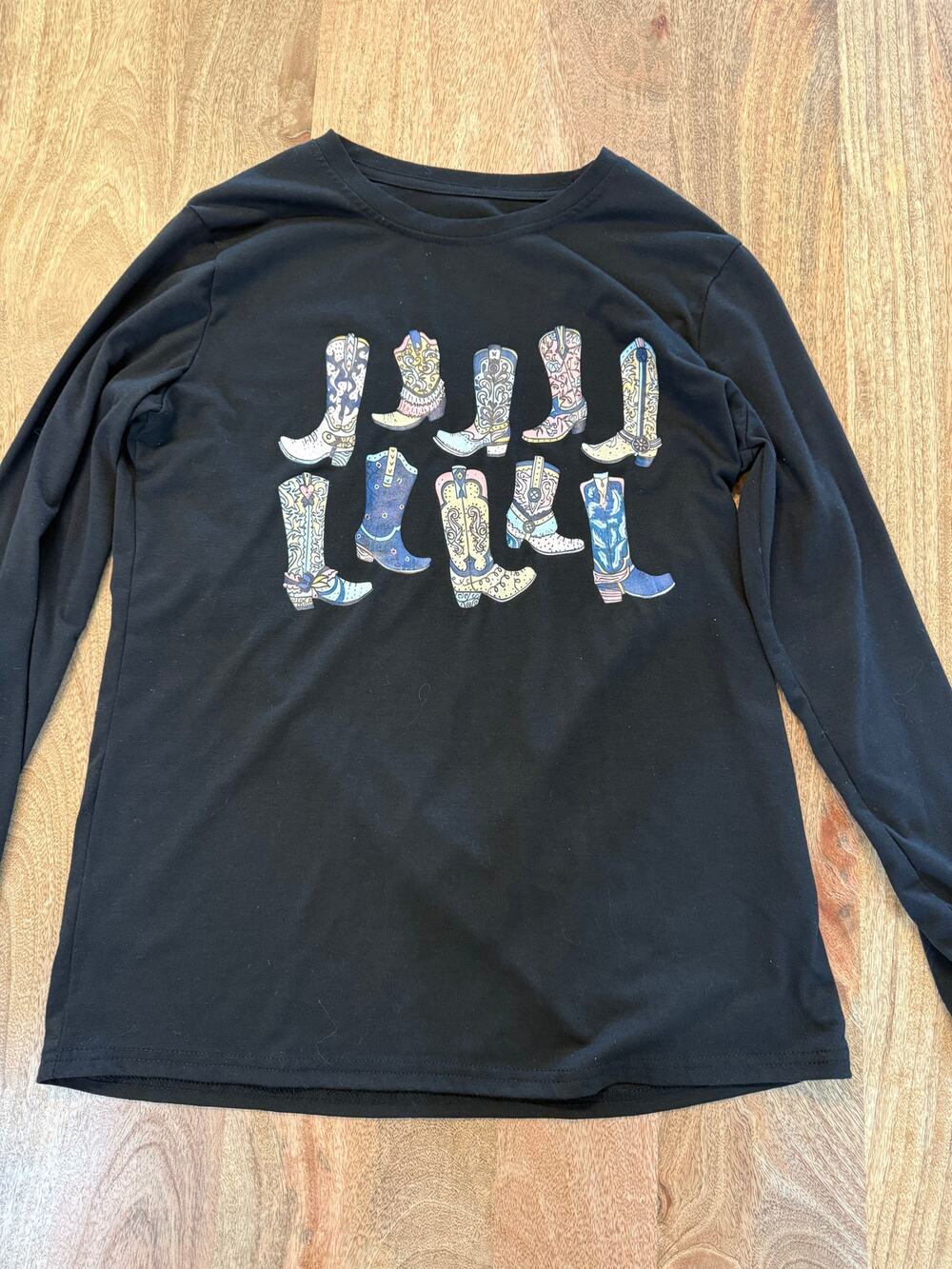 Womens Black Cowboy Boots Graphic Long Sleeve T Shirt Western Cowgirl M